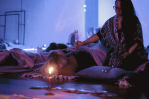 Salena Coronado facilitating tuning fork therapy at The Healing Tree Collective in Tempe, Arizona