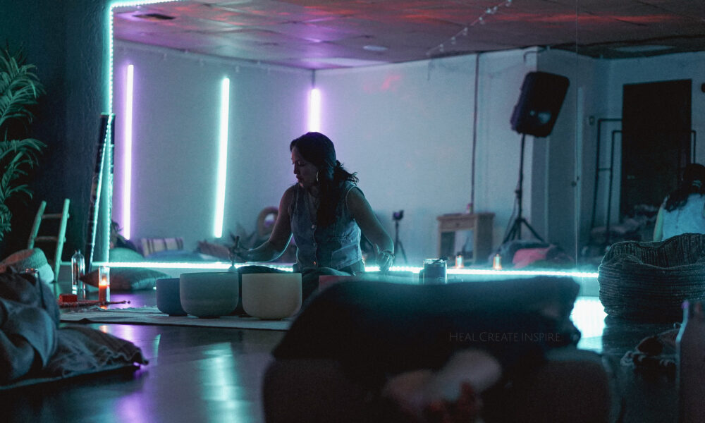 Nereyda Martinez and Mayuly Magnavita facilitating a sound bath and reiki experience for a private group wellness session at the healing tree collective in Tempe, Az